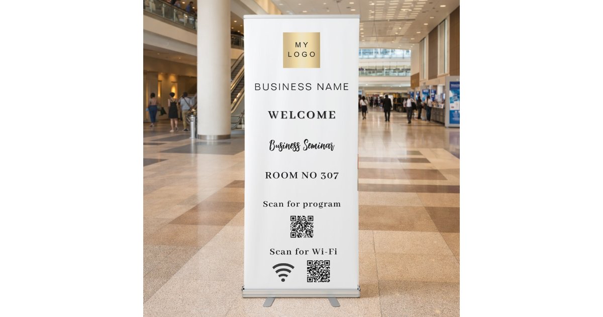 White QR code business logo seminar room wifi Retractable Banner | Zazzle