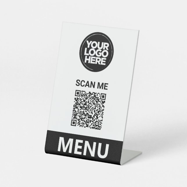 White Qr Code Menu | Logo Contactless Modern Pedestal Sign (Front)
