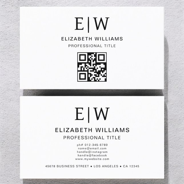 White QR Code Monogram Minimalist  Business Card (Creator Uploaded)