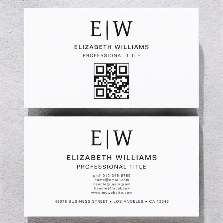 White QR Code Monogram Minimalist Business Card