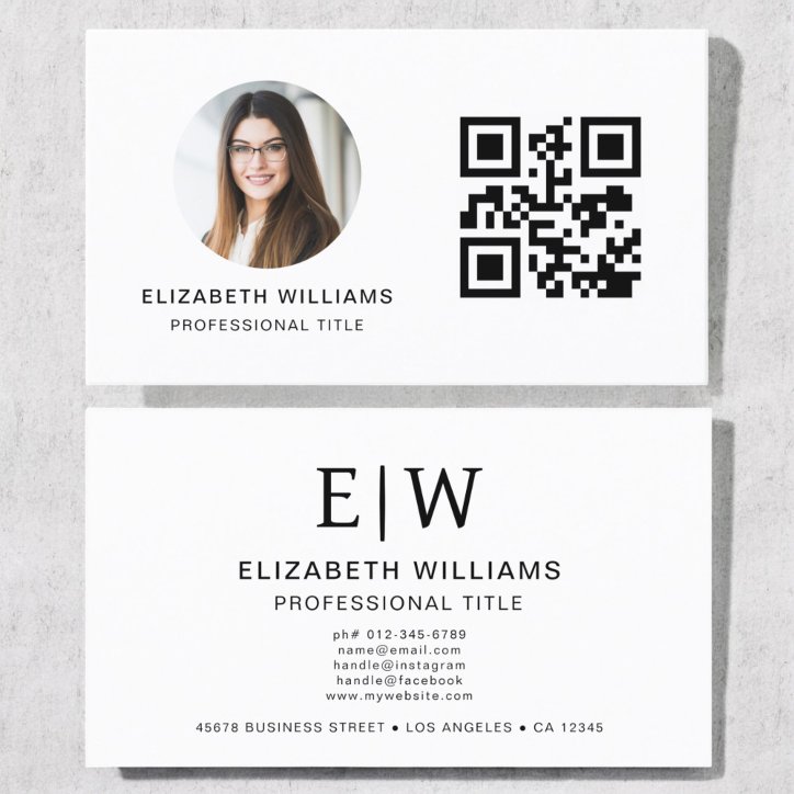 White QR Code Photo Monogram Minimalist Business Card