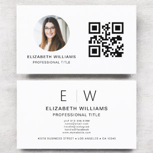 White QR Code Photo Monogram Minimalist Business Card