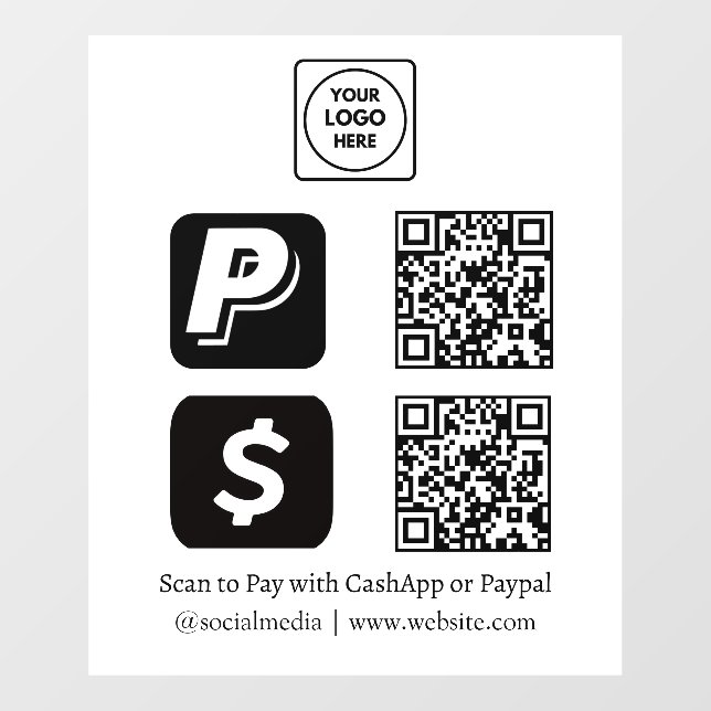 White QR Payment | CashApp & PayPal Display Window Cling (Sheet)