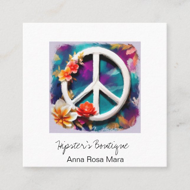 *~* White QR Peace Sign Flowers Grunge Boho AP57 Square Business Card (Front)