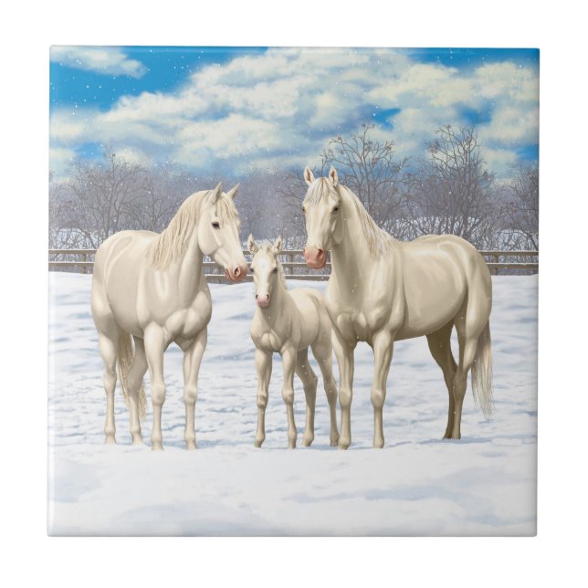 White Quarter Horses In Snow Ceramic Tile (Front)