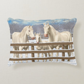 White Quarter Horses In Snow Decorative Pillow