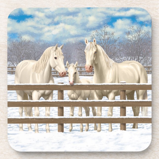 White Quarter Horses In Snow Drink Coaster (Front)