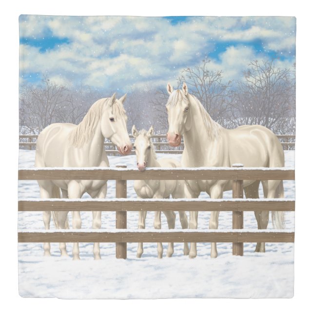 White Quarter Horses In Snow Duvet Cover (Front)