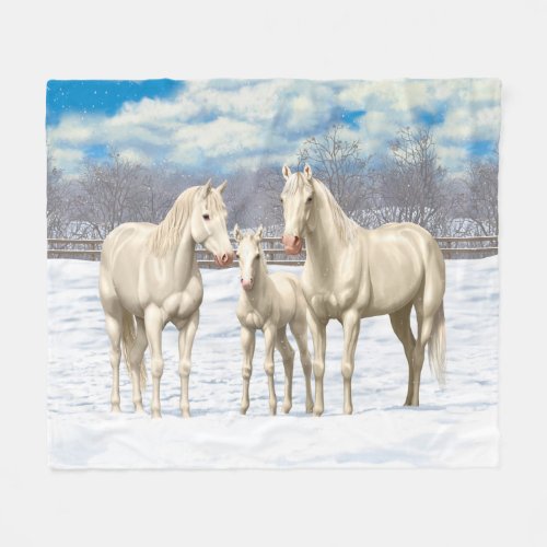 White Quarter Horses In Snow Fleece Blanket