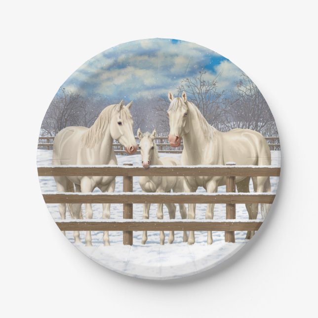 White Quarter Horses In Snow Paper Plates (Front)