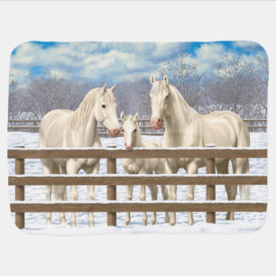 White Quarter Horses In Snow Receiving Blanket