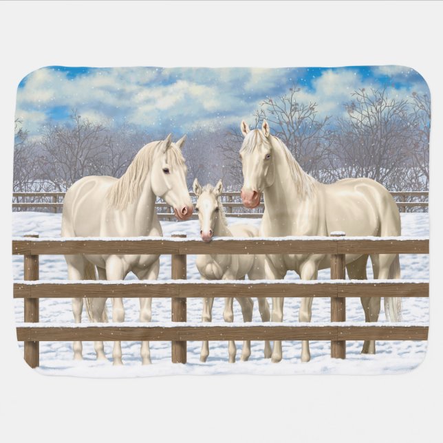 White Quarter Horses In Snow Receiving Blanket (Horizontal)
