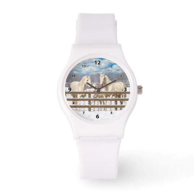 White Quarter Horses In Snow Watch (Front)