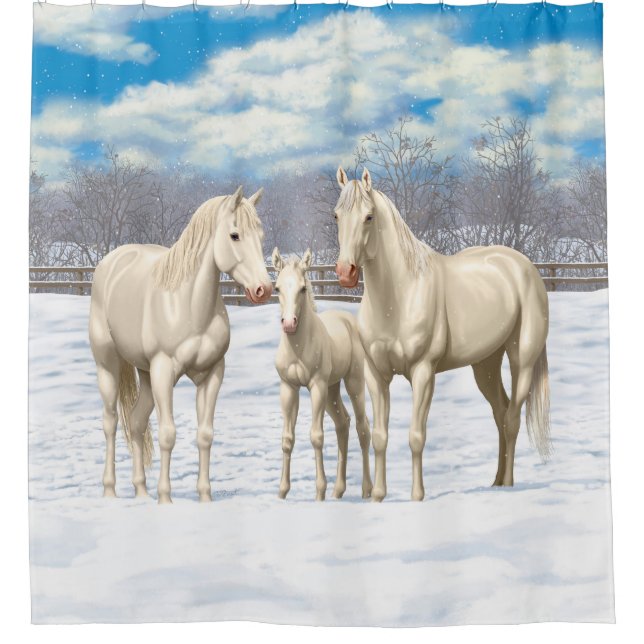 White Quarter Horses In Winter Pasture Shower Curtain (Front)