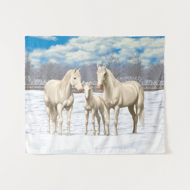 White Quarter Horses In Winter Pasture Tapestry (Front (Horizontal))