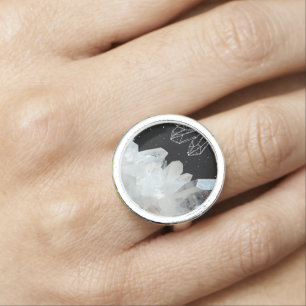 White Quartz Crystal Gemstone Geode Natural Stone Ring