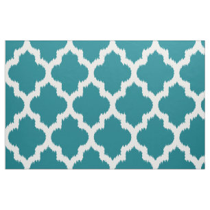 White Quatrefoil Ikat Custom Turquoise Background Fabric