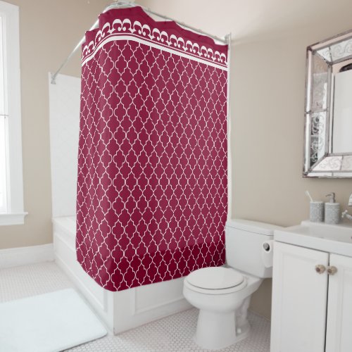 White Quatrefoil Pattern on Cranberry Red Shower Curtain