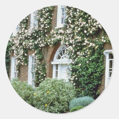 white Queen Anne House With Climbing Rose Cecile B Classic Round Sticker