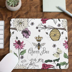 White Queen Bee Crown Floral Mouse Pad