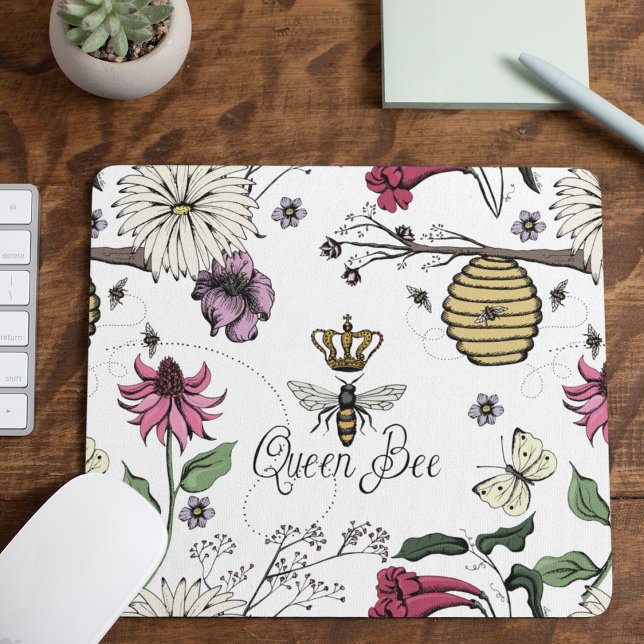 White Queen Bee Crown Floral Mouse Pad (White Queen Bee Royal Crown Floral Pattern with Queen Bee, Crown, Exotic flowers, bees, beehive)