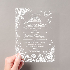 White Quinceanera Roses Butterflies Acrylic Invitations