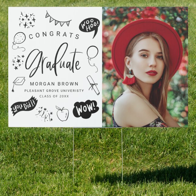 White Quirky Doodle Congrats Graduate Photo  Sign (Insitu)