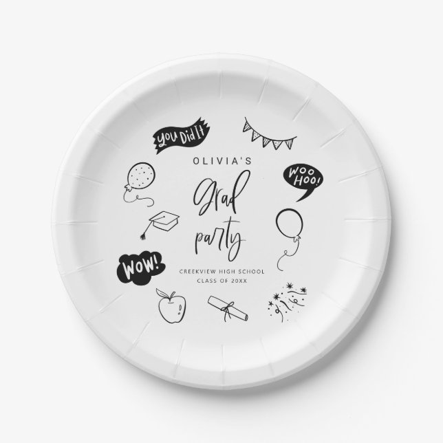 White Quirky Grad Icons Graduation Party Paper Plates (Front)