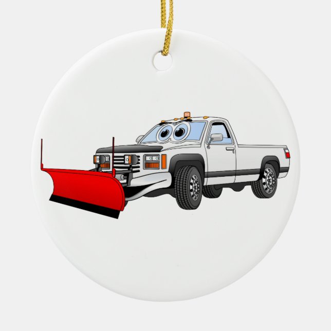 White R Pick Up Snow Plow Cartoon Ceramic Ornament (Front)