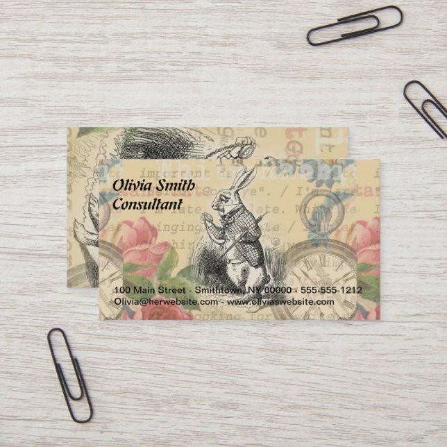 White Rabbit Alice Adventures Wonderland Art Business Card (Front/Back In Situ)