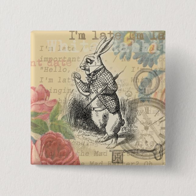 White Rabbit Alice Adventures Wonderland Art Button (Front)
