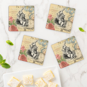 White Rabbit Alice Adventures Wonderland Art Coaster Set