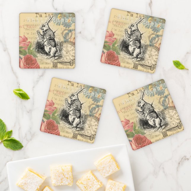 White Rabbit Alice Adventures Wonderland Art Coaster Set (In Situ)