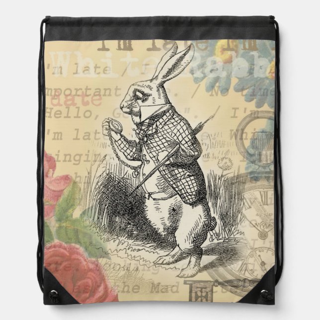 White Rabbit Alice Adventures Wonderland Art Drawstring Bag (Front)
