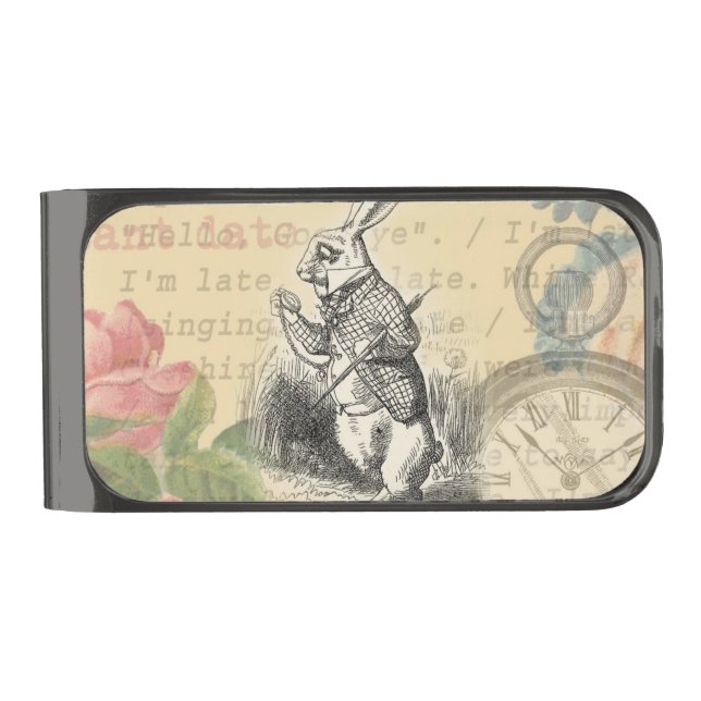 White Rabbit Alice Adventures Wonderland Art Gunmetal Finish Money Clip (Front)
