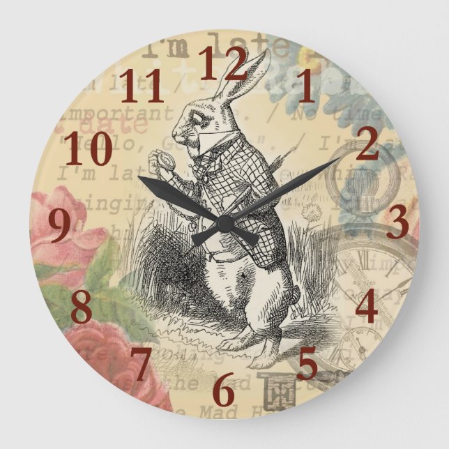 White Rabbit Alice Adventures Wonderland Art Large Clock (Front)