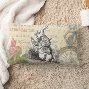 White Rabbit Alice Adventures Wonderland Art Lumbar Pillow