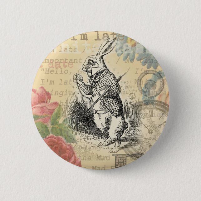White Rabbit Alice Adventures Wonderland Art Pinback Button (Front)