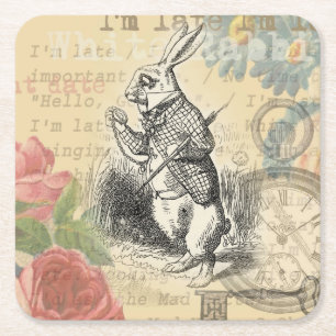 White Rabbit Alice Adventures Wonderland Art Square Paper Coaster