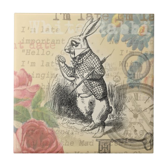White Rabbit Alice Adventures Wonderland Art Tile (Front)