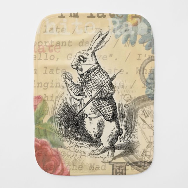 White Rabbit Alice in Wonderland Art Baby Burp Cloth (Front)