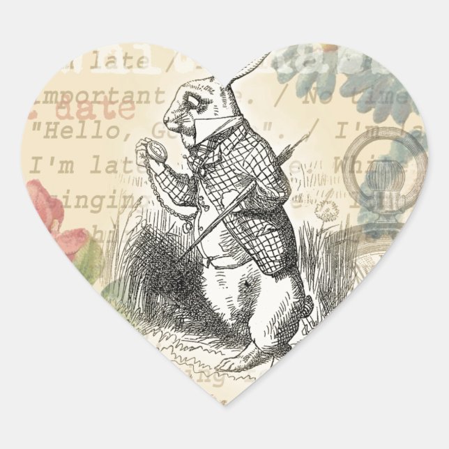 White Rabbit Alice in Wonderland Art Heart Sticker (Front)