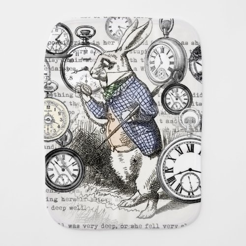 White Rabbit Alice in Wonderland Clocks Baby Burp Cloth