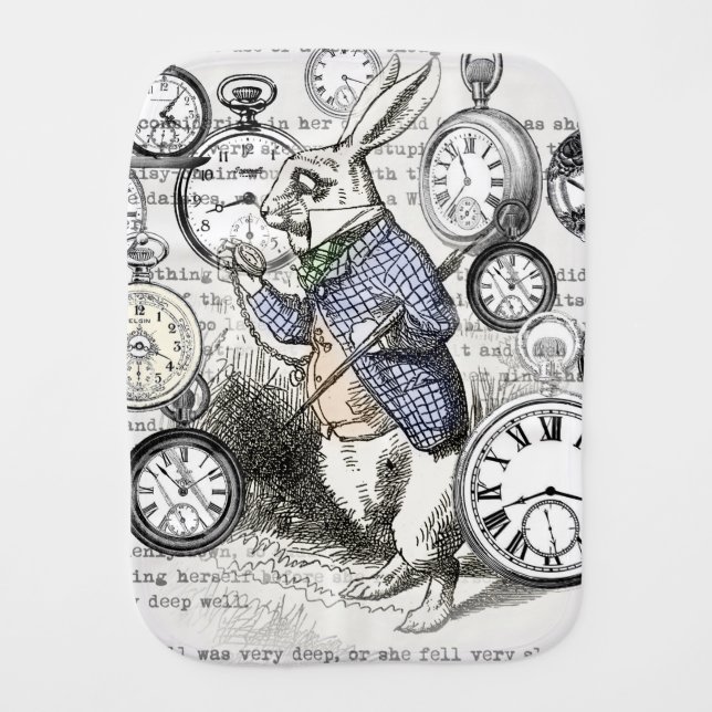 White Rabbit Alice in Wonderland Clocks Burp Cloth (Front)