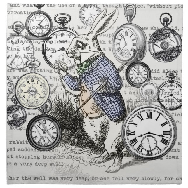 White Rabbit Alice in Wonderland Clocks Cloth Napkin (Front)
