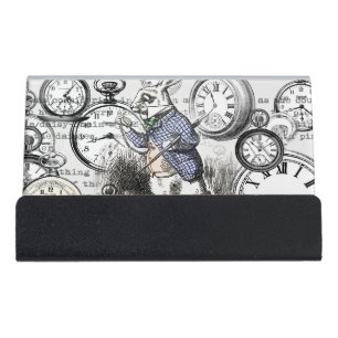 White Rabbit Alice in Wonderland Clocks Desk Business Card Holder