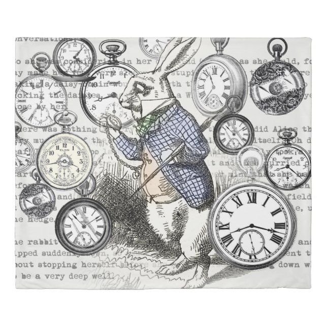 White Rabbit Alice in Wonderland Clocks Duvet Cover (Front)