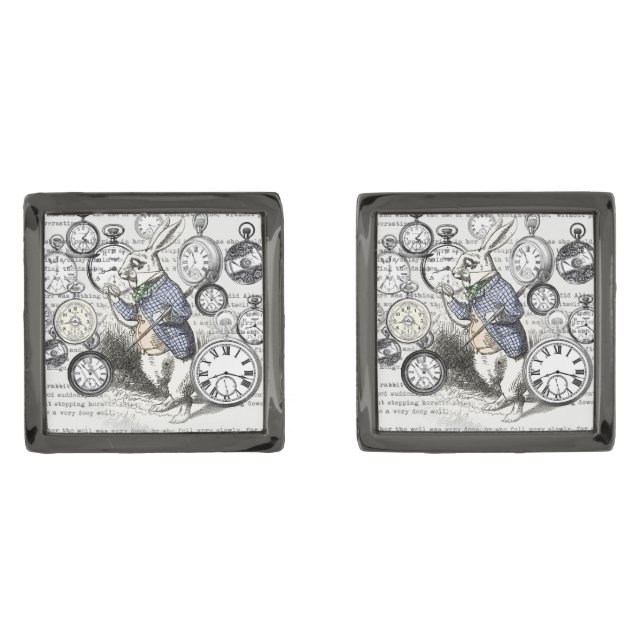 White Rabbit Alice in Wonderland Clocks Gunmetal Finish Cufflinks (Front)