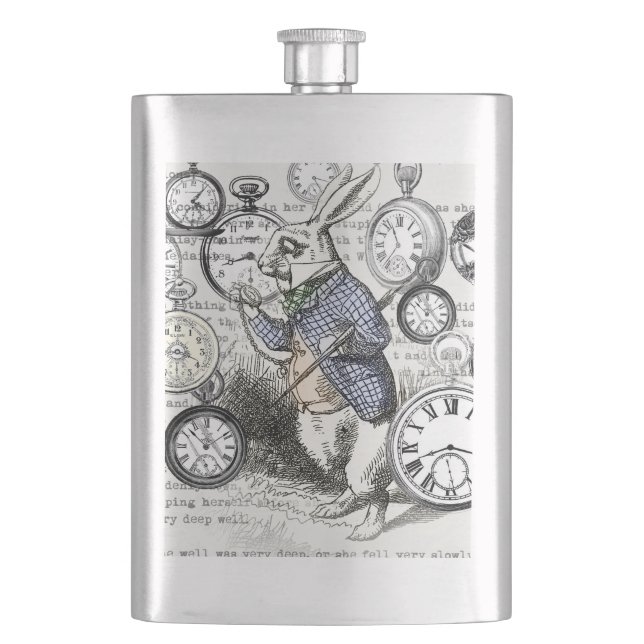 White Rabbit Alice in Wonderland Clocks Hip Flask (Front)