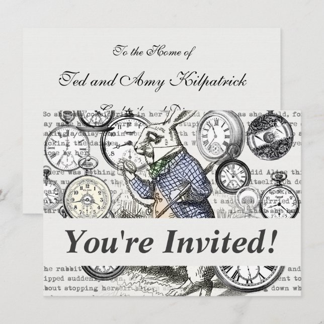 White Rabbit Alice in Wonderland Clocks Invitation (Front/Back)